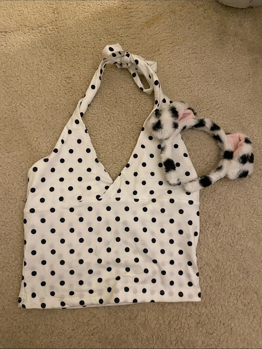 White Polka Dot Halter Crop Top Dalmatian Costume Halloween